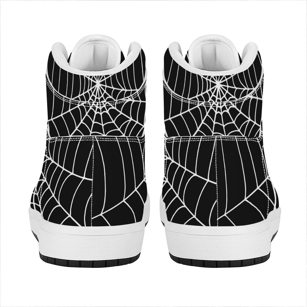 Black And White Cobweb Print High Top Leather Sneakers