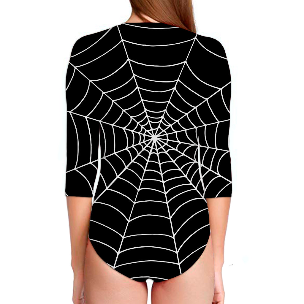 Black And White Cobweb Print Long Sleeve Swimsuit