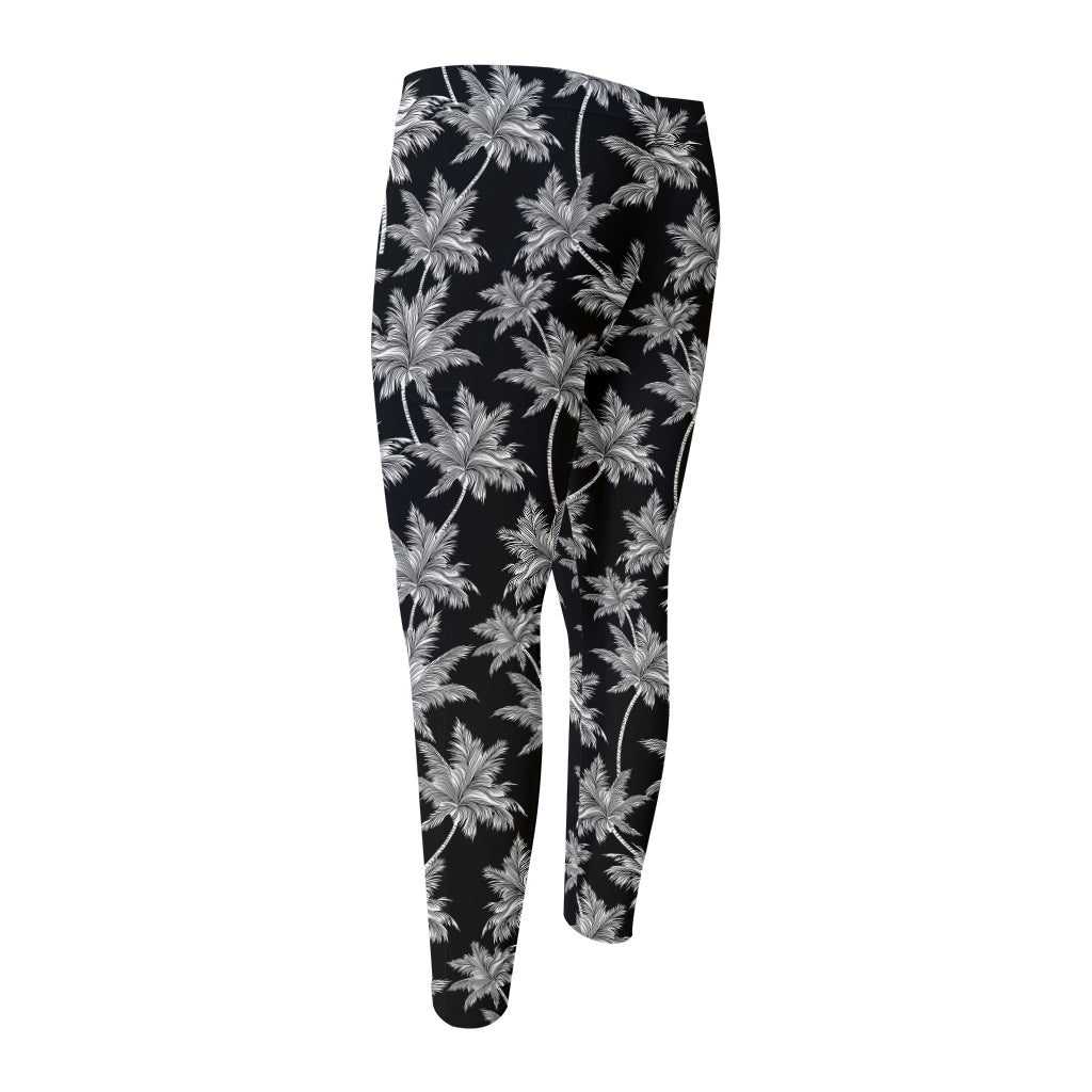 Black And White Coconut Tree Print Men's Compression Pants
