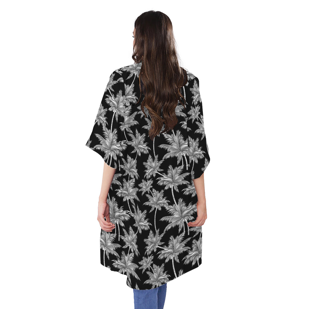 Black And White Coconut Tree Print Open Front Beach Cover Up