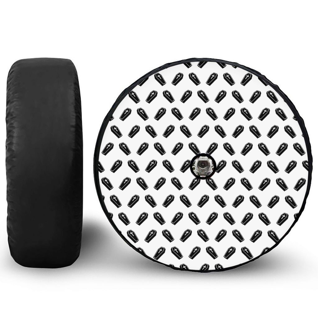 Black And White Coffin Pattern Print Tire Cover With Camera Hole