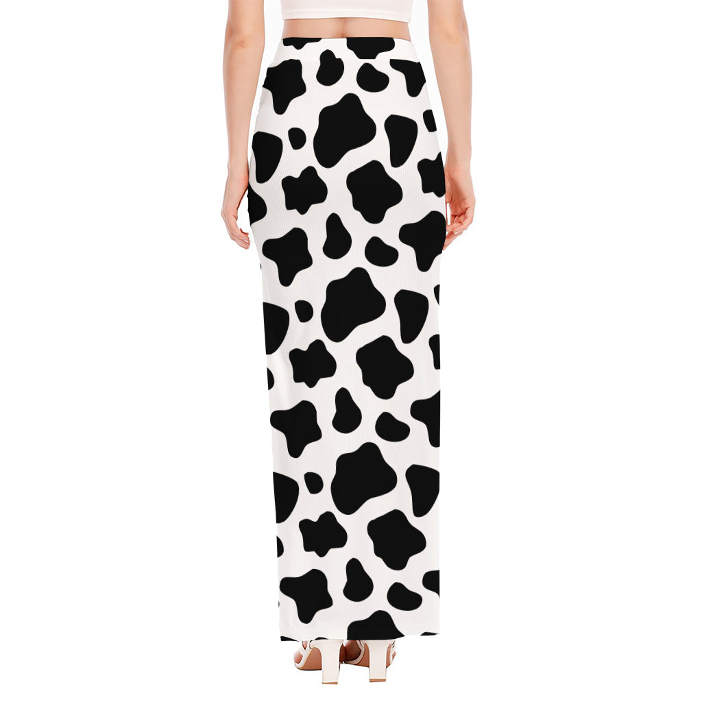 Black And White Cow Print High Slit Maxi Skirt