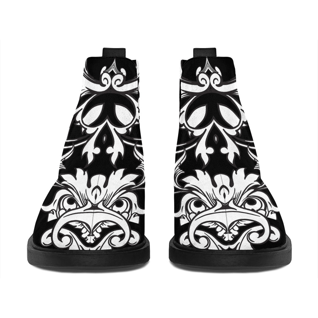 Black And White Damask Pattern Print Flat Ankle Boots