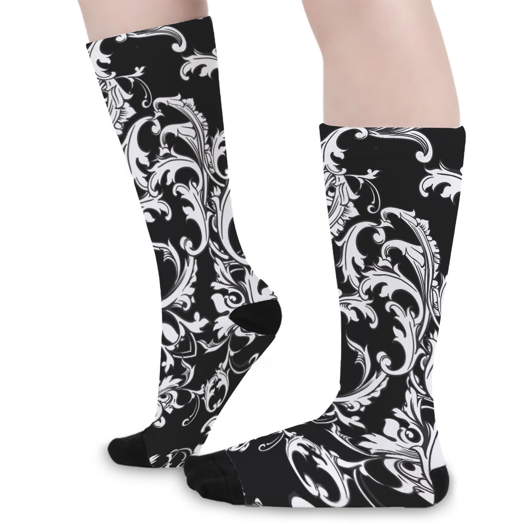 Black And White Damask Pattern Print Long Socks