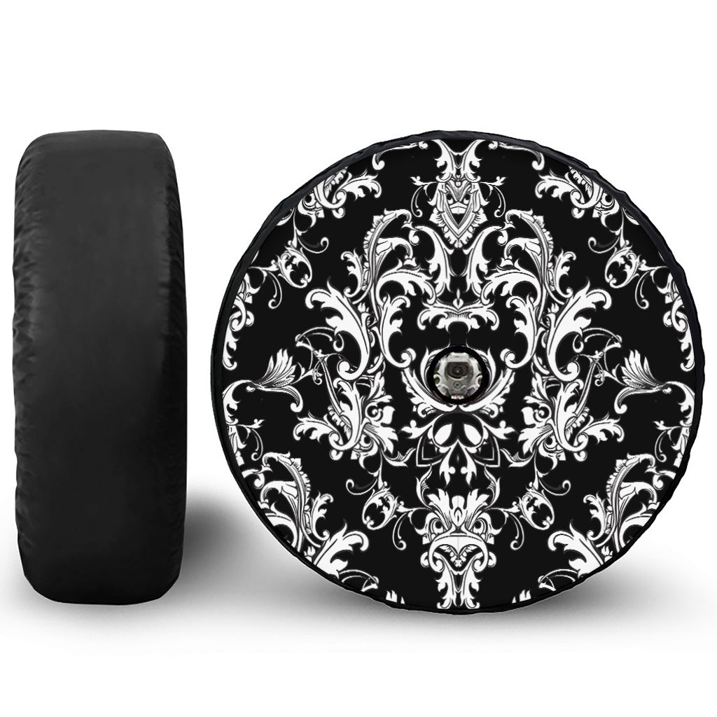 Black And White Damask Pattern Print Tire Cover With Camera Hole