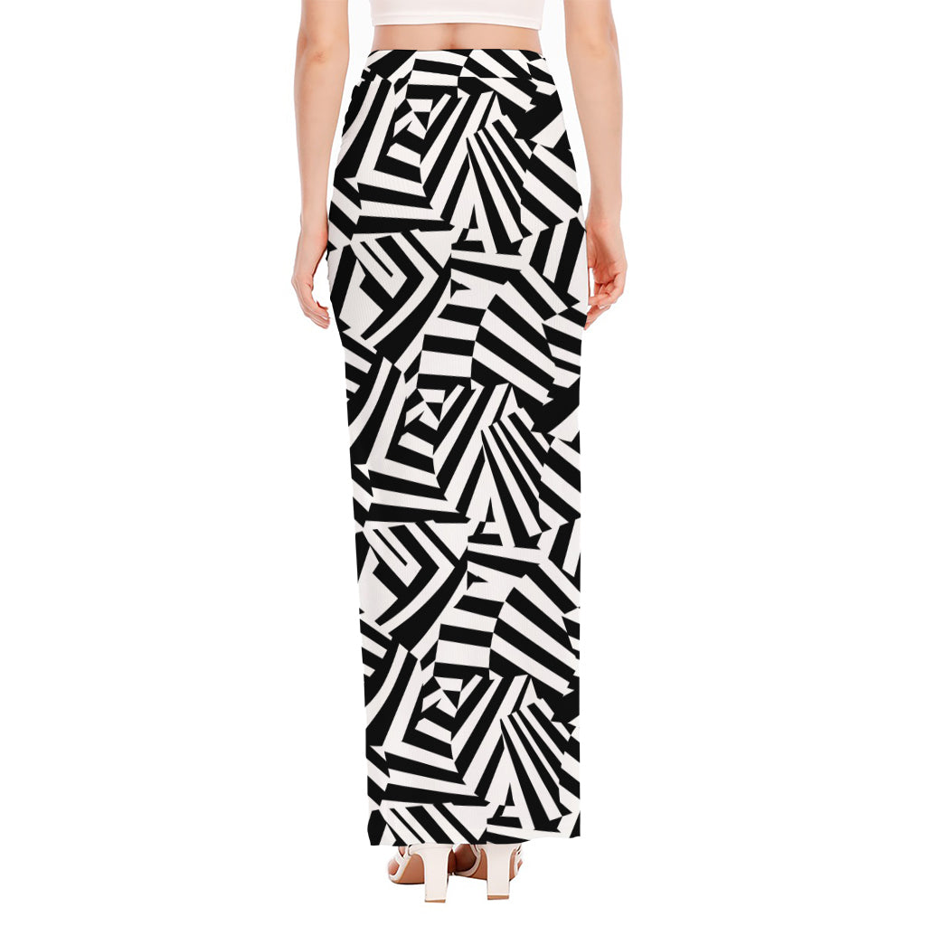 Black And White Dazzle Pattern Print High Slit Maxi Skirt