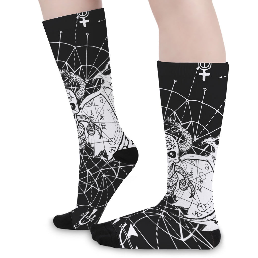 Black And White Demon Wicca Print Long Socks