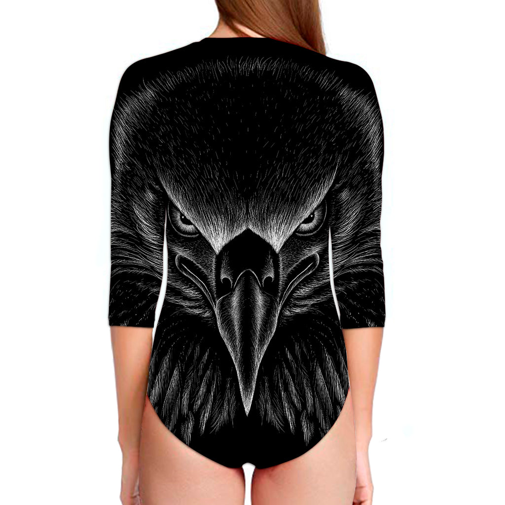 Black And White Eagle Print Long Sleeve Swimsuit
