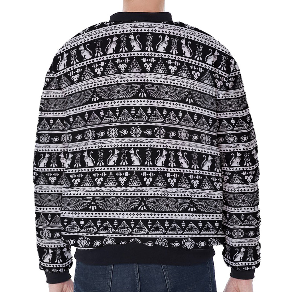 Black And White Egypt Pattern Print Zip Sleeve Bomber Jacket