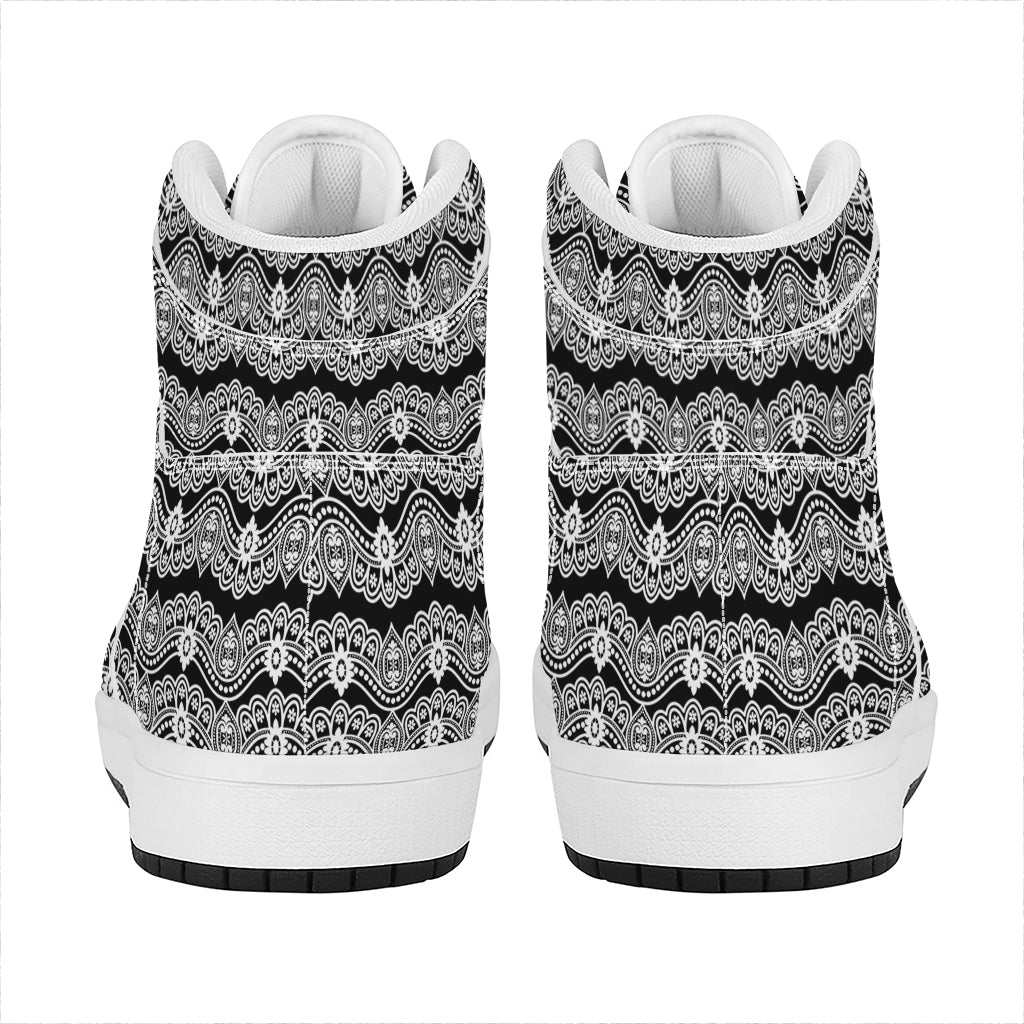 Black And White Ethnic Boho Print High Top Leather Sneakers
