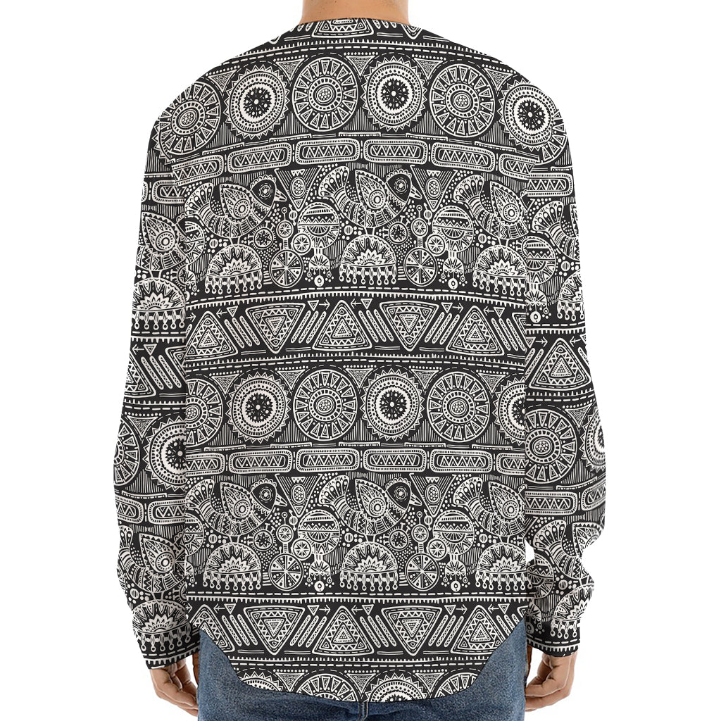 Black And White Ethnic Pattern Print Long Sleeve Baseball Jersey