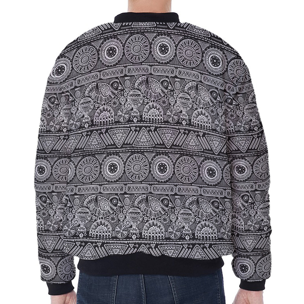 Black And White Ethnic Pattern Print Zip Sleeve Bomber Jacket