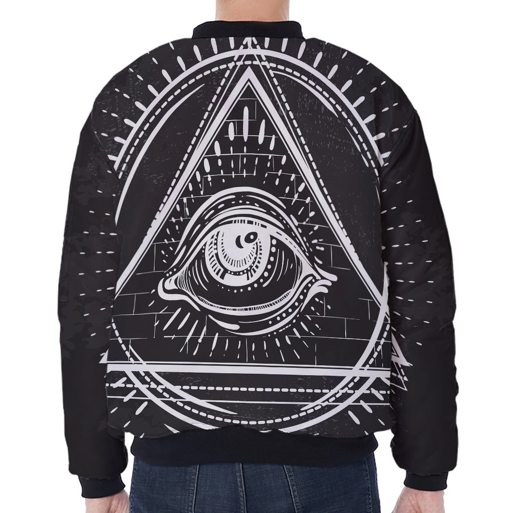 Black And White Eye of Providence Print Zip Sleeve Bomber Jacket