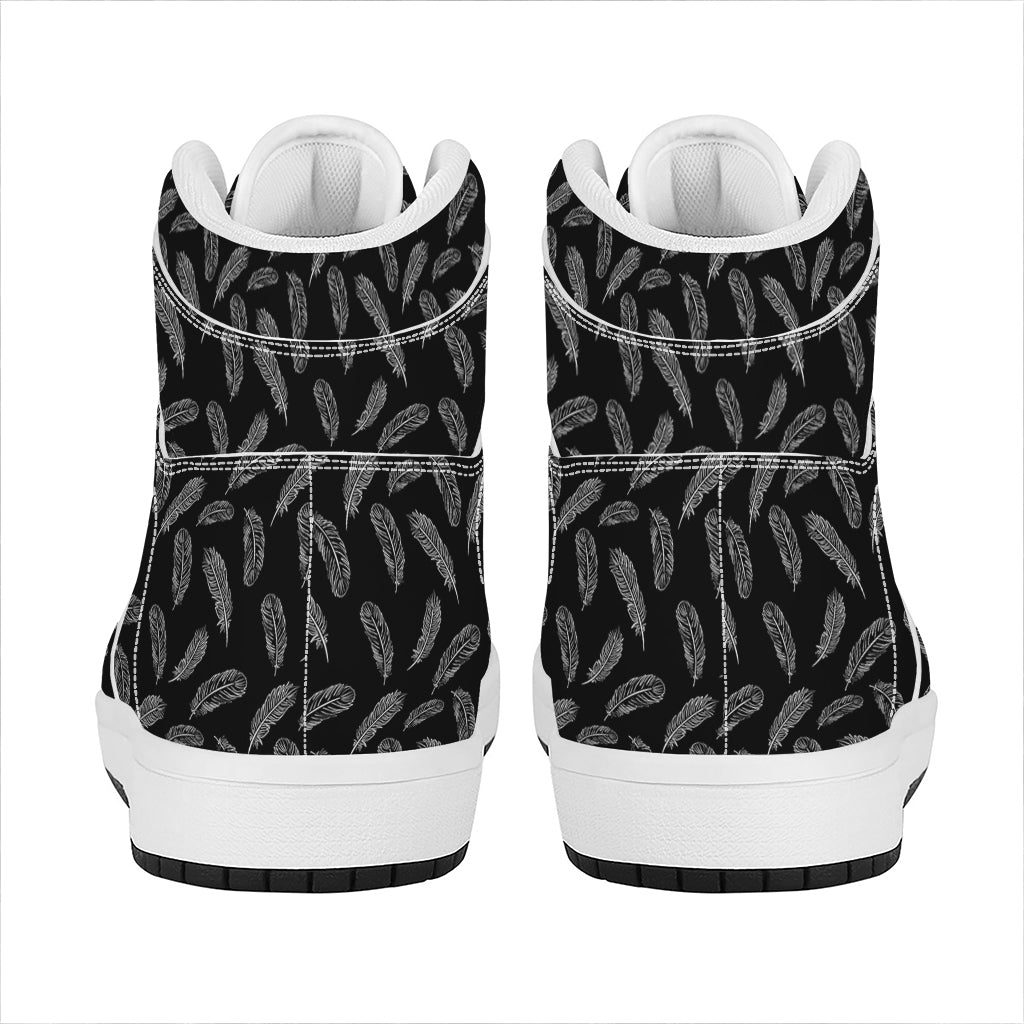 Black And White Feather Pattern Print High Top Leather Sneakers