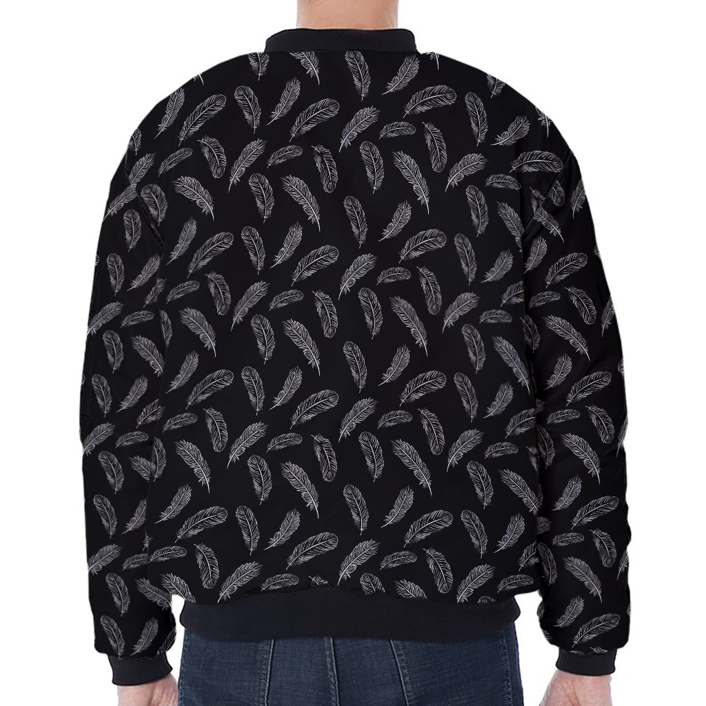 Black And White Feather Pattern Print Zip Sleeve Bomber Jacket