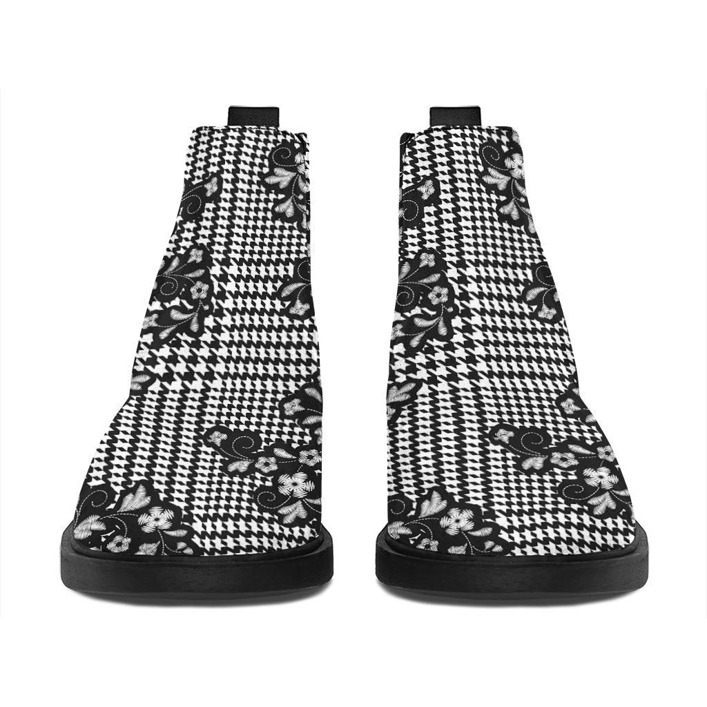 Black And White Floral Glen Plaid Print Flat Ankle Boots