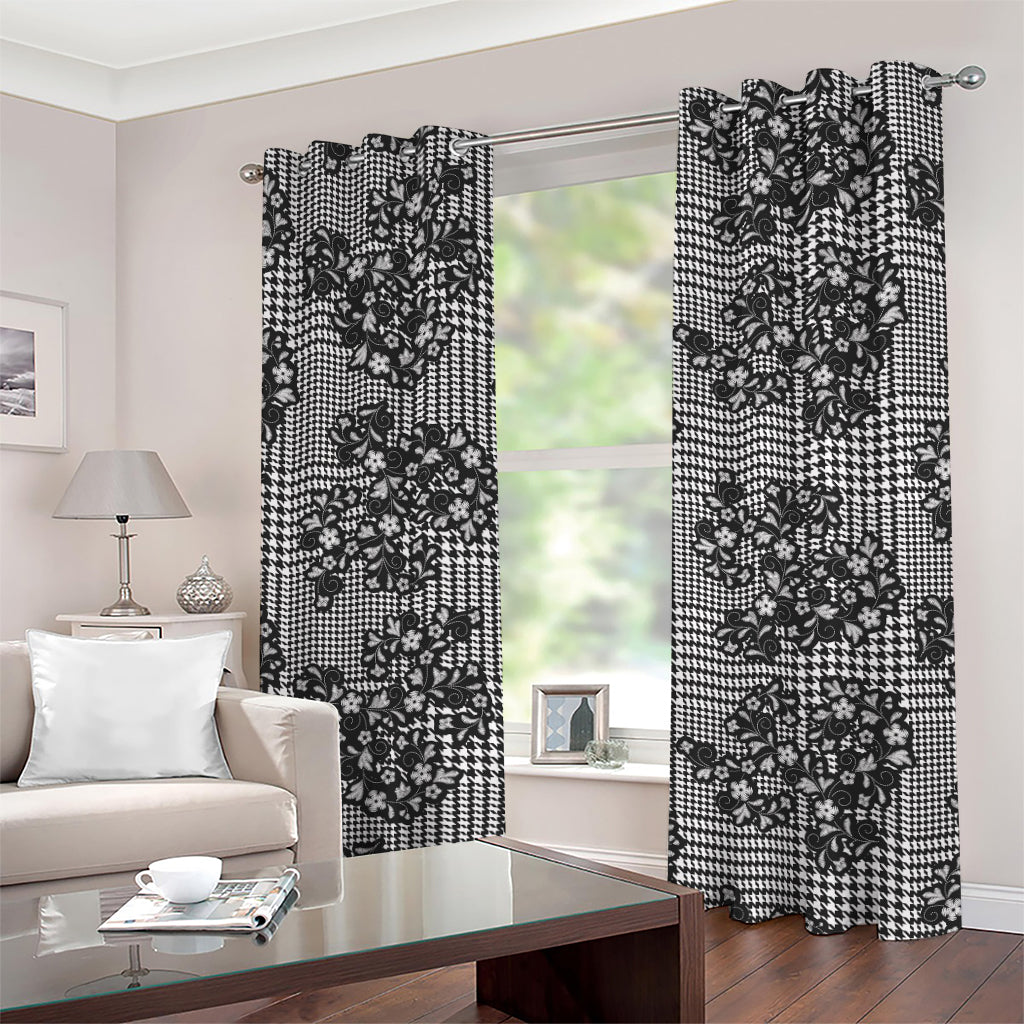 Black And White Floral Glen Plaid Print Grommet Curtains