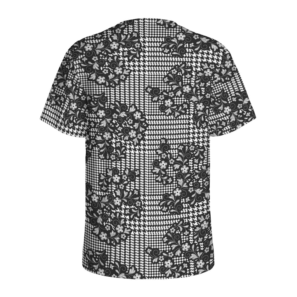 Black And White Floral Glen Plaid Print Men's Sports T-Shirt