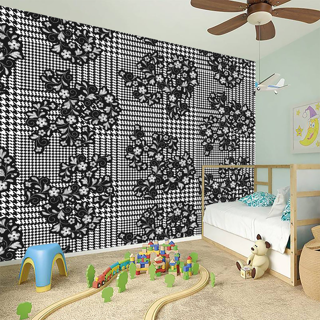 Black And White Floral Glen Plaid Print Wall Sticker