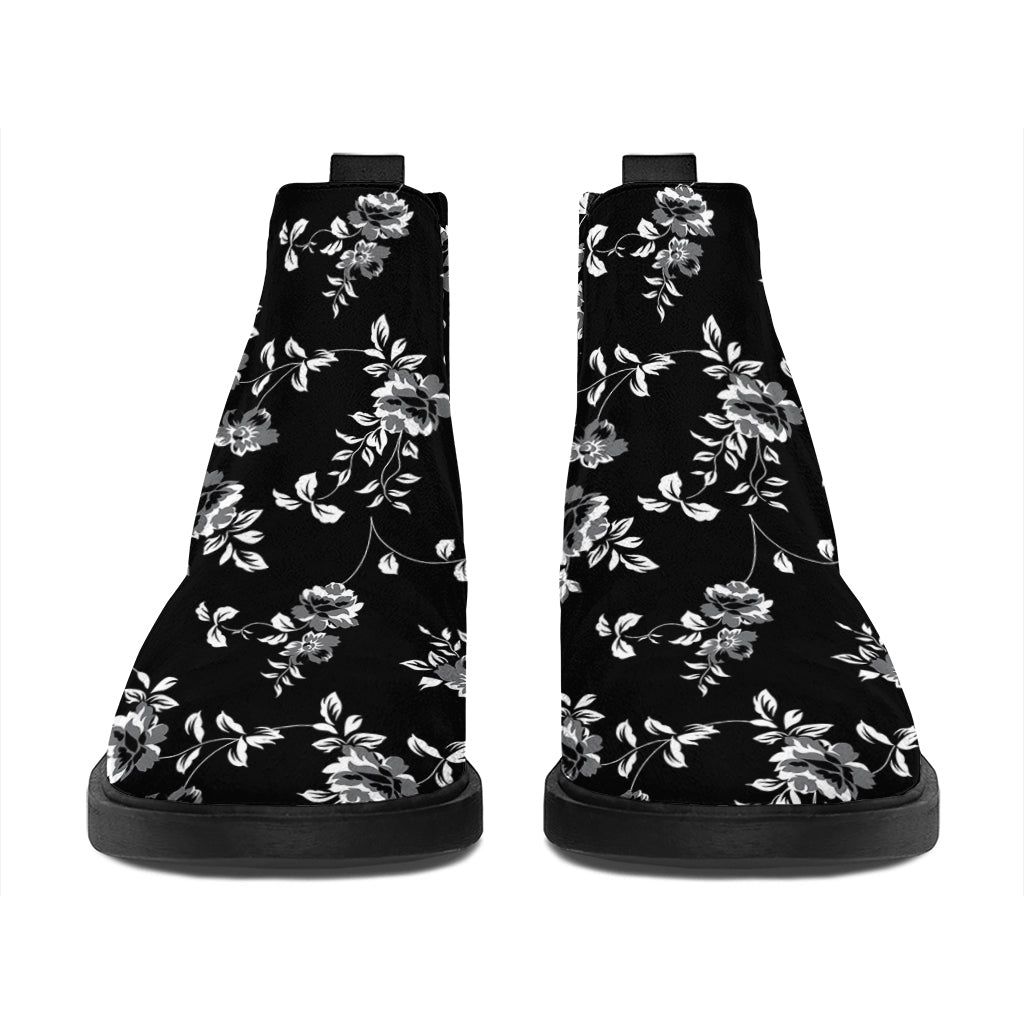 Black And White Flower Print Flat Ankle Boots