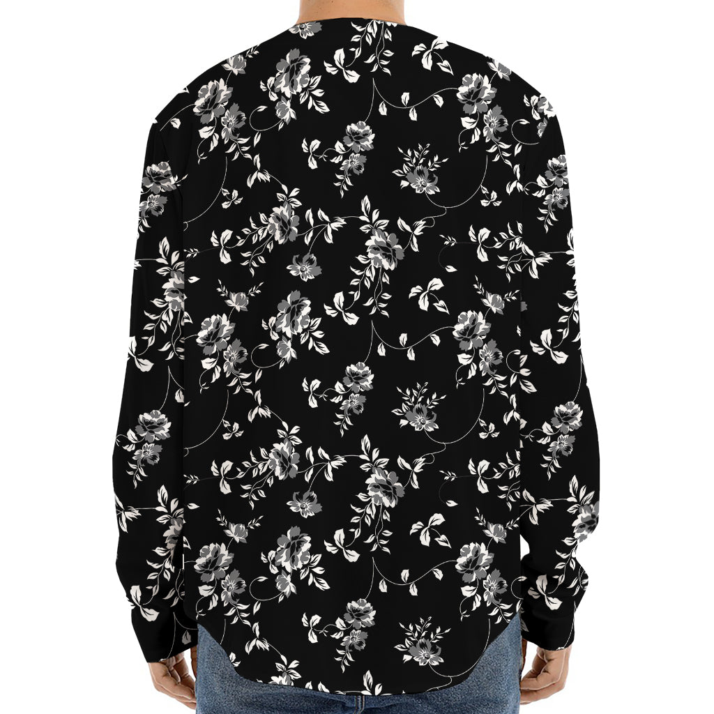 Black And White Flower Print Long Sleeve Baseball Jersey