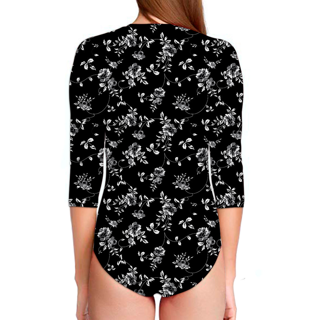 Black And White Flower Print Long Sleeve Swimsuit