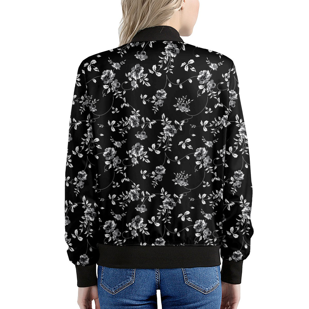 Black And White Flower Print Women's Bomber Jacket