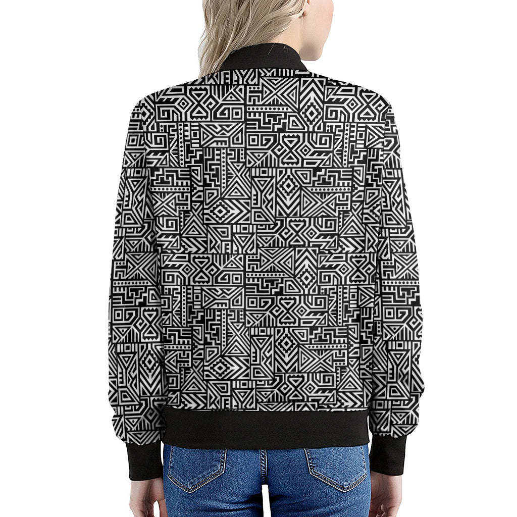 Women's Black & White Abstract Print Zip-Up Bomber Jacket