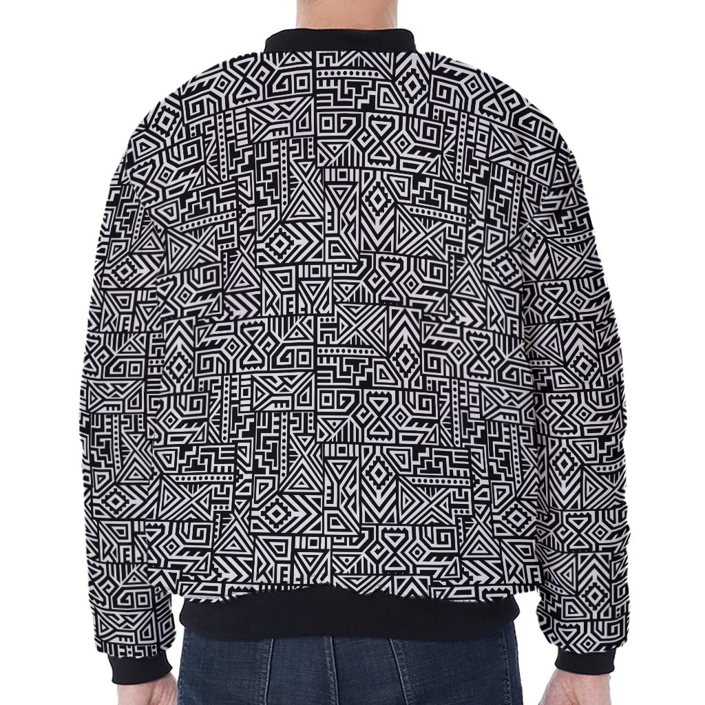 Black And White Geometric African Print Zip Sleeve Bomber Jacket