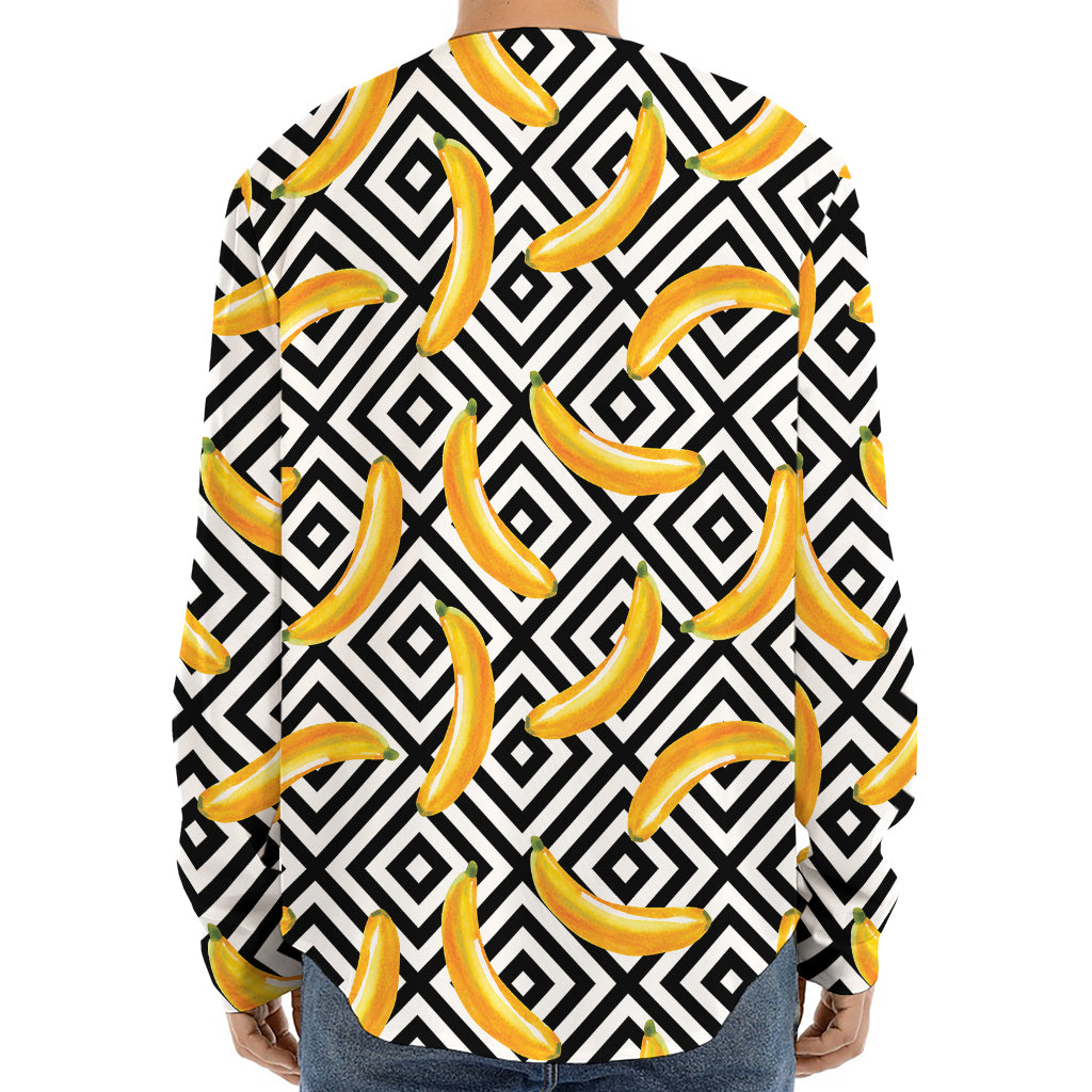 Black And White Geometric Banana Print Long Sleeve Baseball Jersey