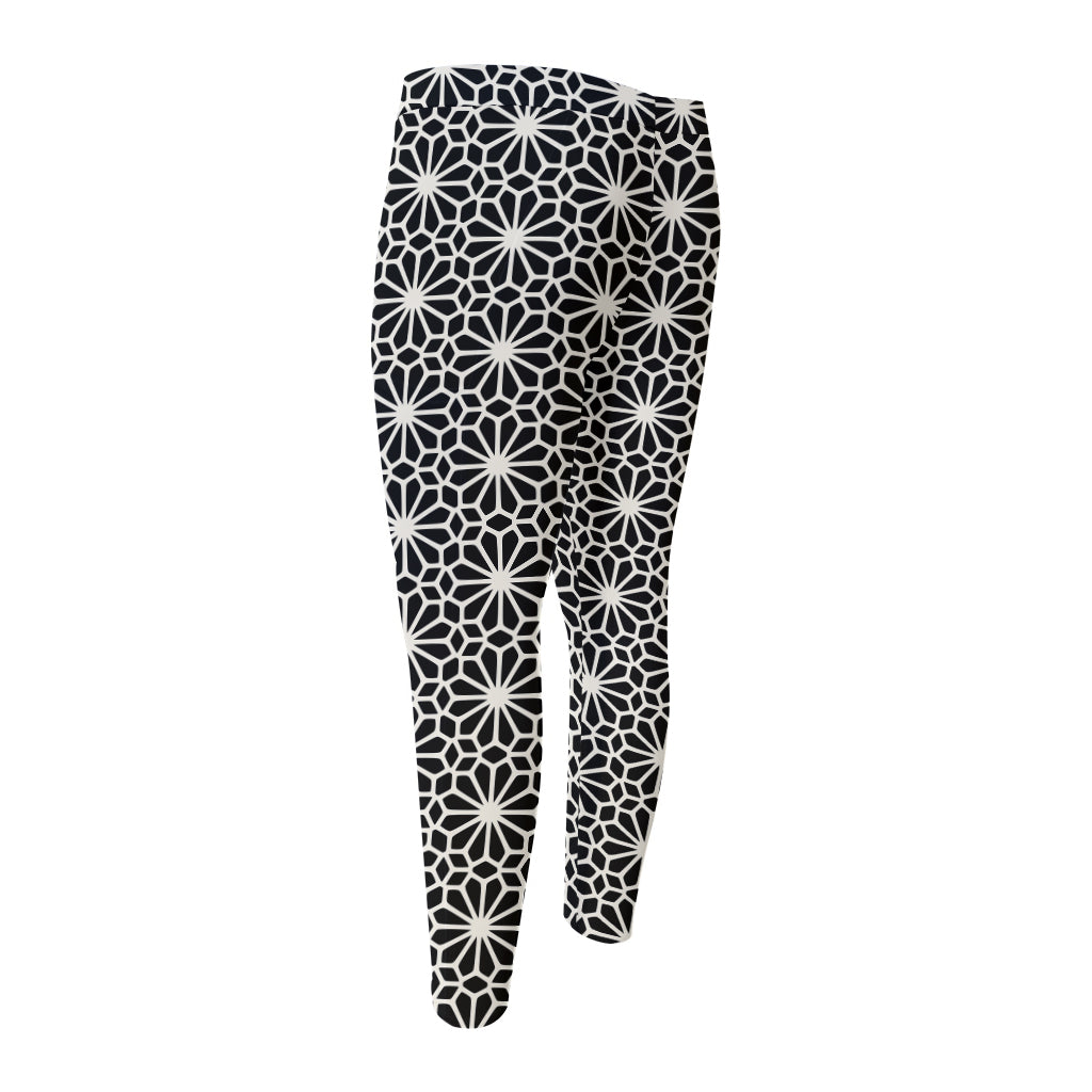 Black And White Geometric Floral Print Men's Compression Pants