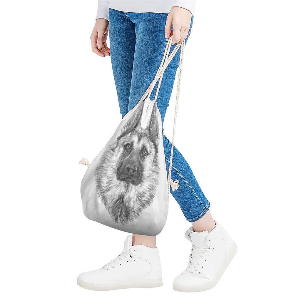 Black And White German Shepherd Print Drawstring Bag