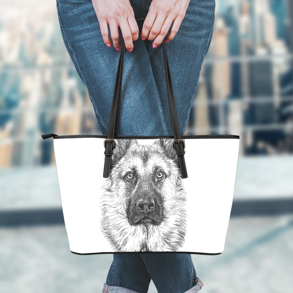 Black And White German Shepherd Print Leather Tote Bag