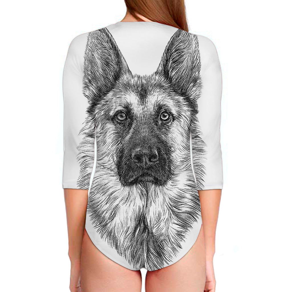 Black And White German Shepherd Print Long Sleeve Swimsuit