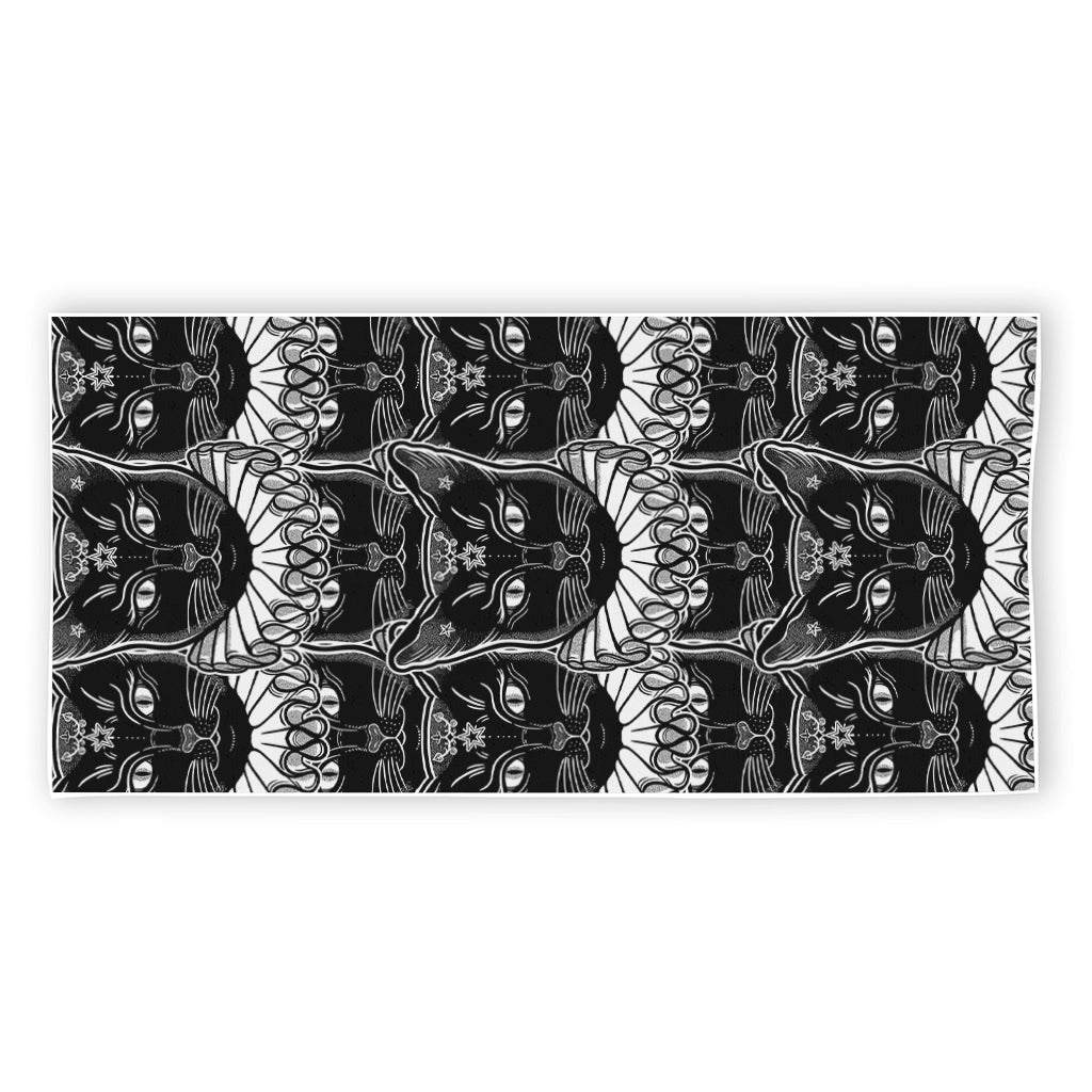 Black And White Gothic Wiccan Cat Print Beach Towel