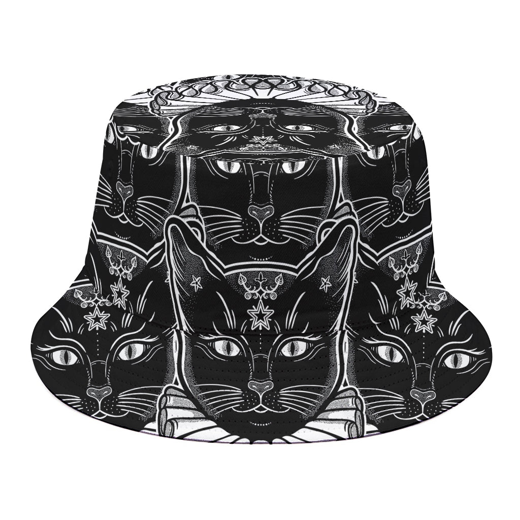 Black And White Gothic Wiccan Cat Print Bucket Hat