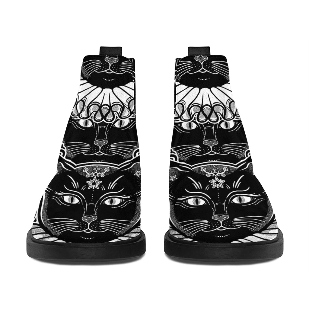 Black And White Gothic Wiccan Cat Print Flat Ankle Boots