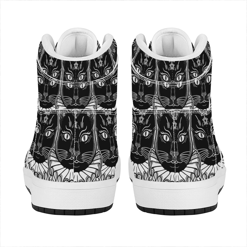 Black And White Gothic Wiccan Cat Print High Top Leather Sneakers