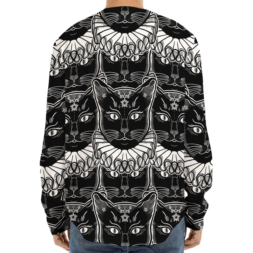 Black And White Gothic Wiccan Cat Print Long Sleeve Baseball Jersey