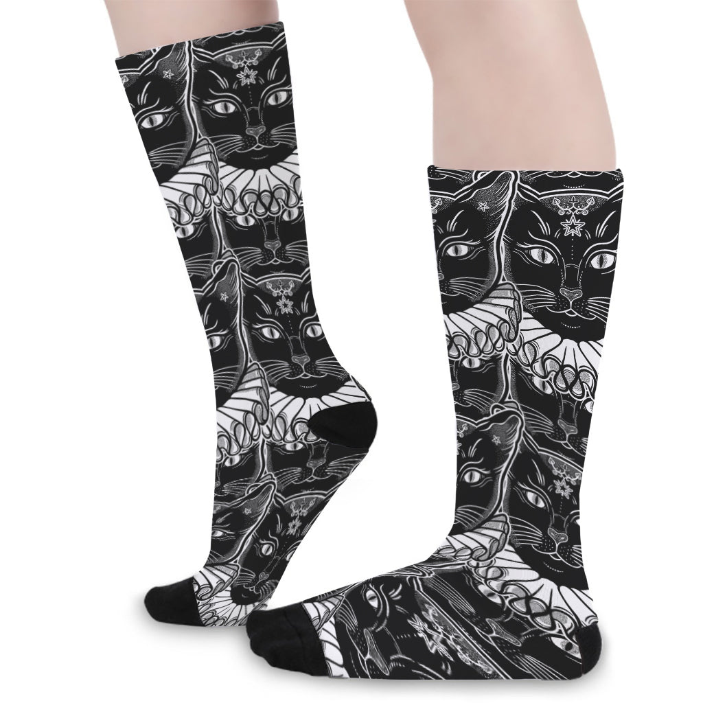 Black And White Gothic Wiccan Cat Print Long Socks
