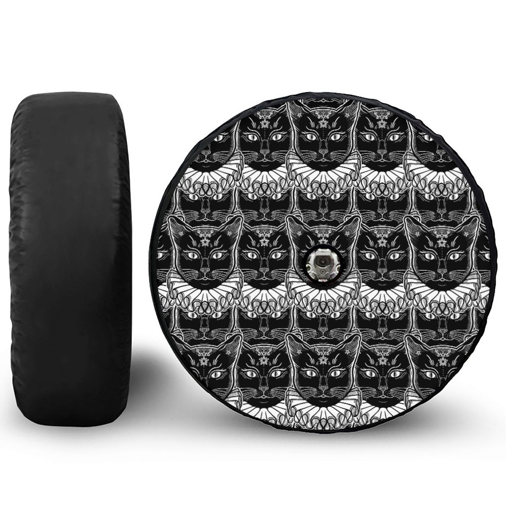 Black And White Gothic Wiccan Cat Print Tire Cover With Camera Hole