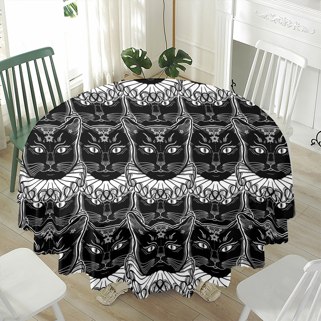 Black And White Gothic Wiccan Cat Print Waterproof Round Tablecloth