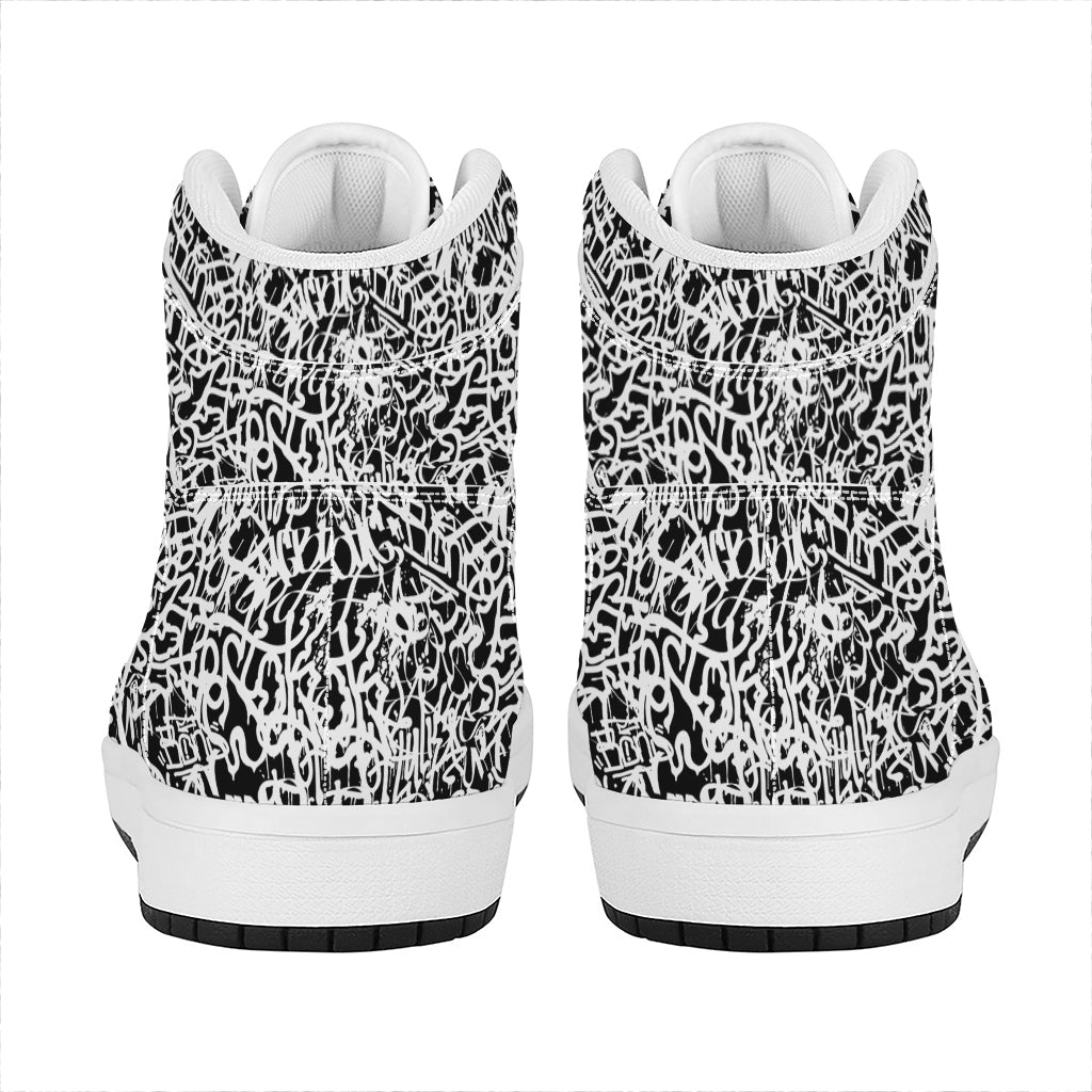 Black And White Graffiti Pattern Print High Top Leather Sneakers