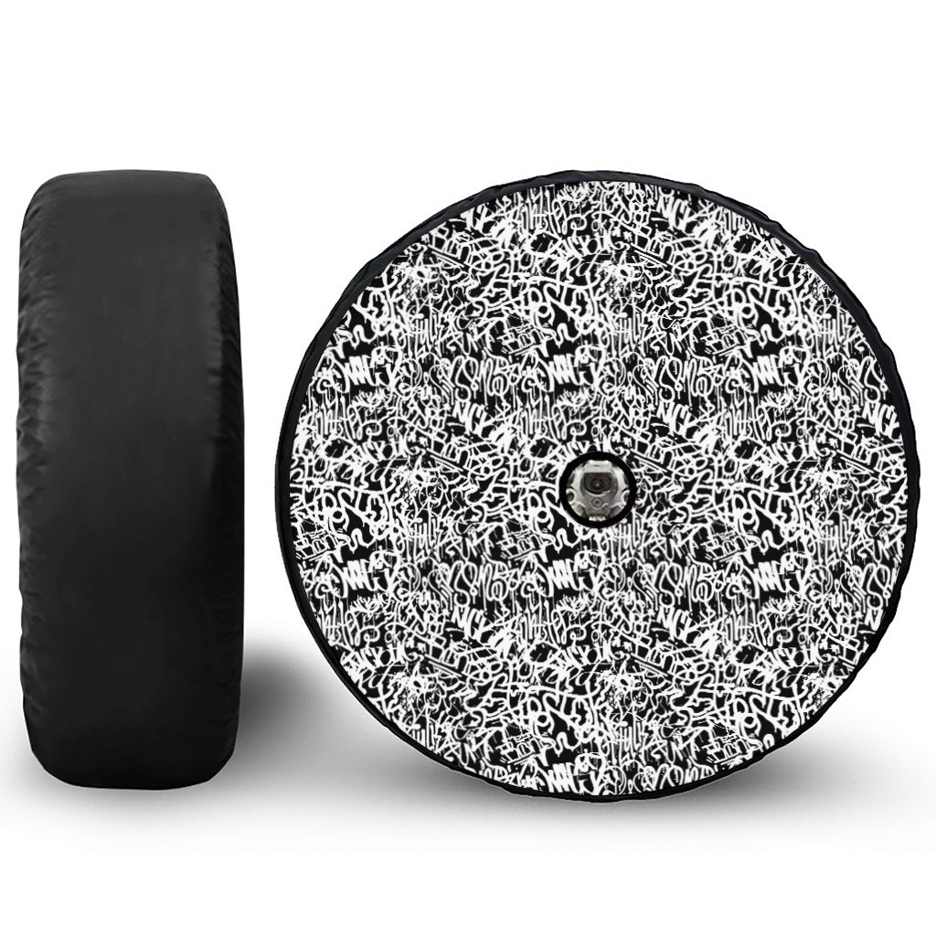 Black And White Graffiti Pattern Print Tire Cover With Camera Hole