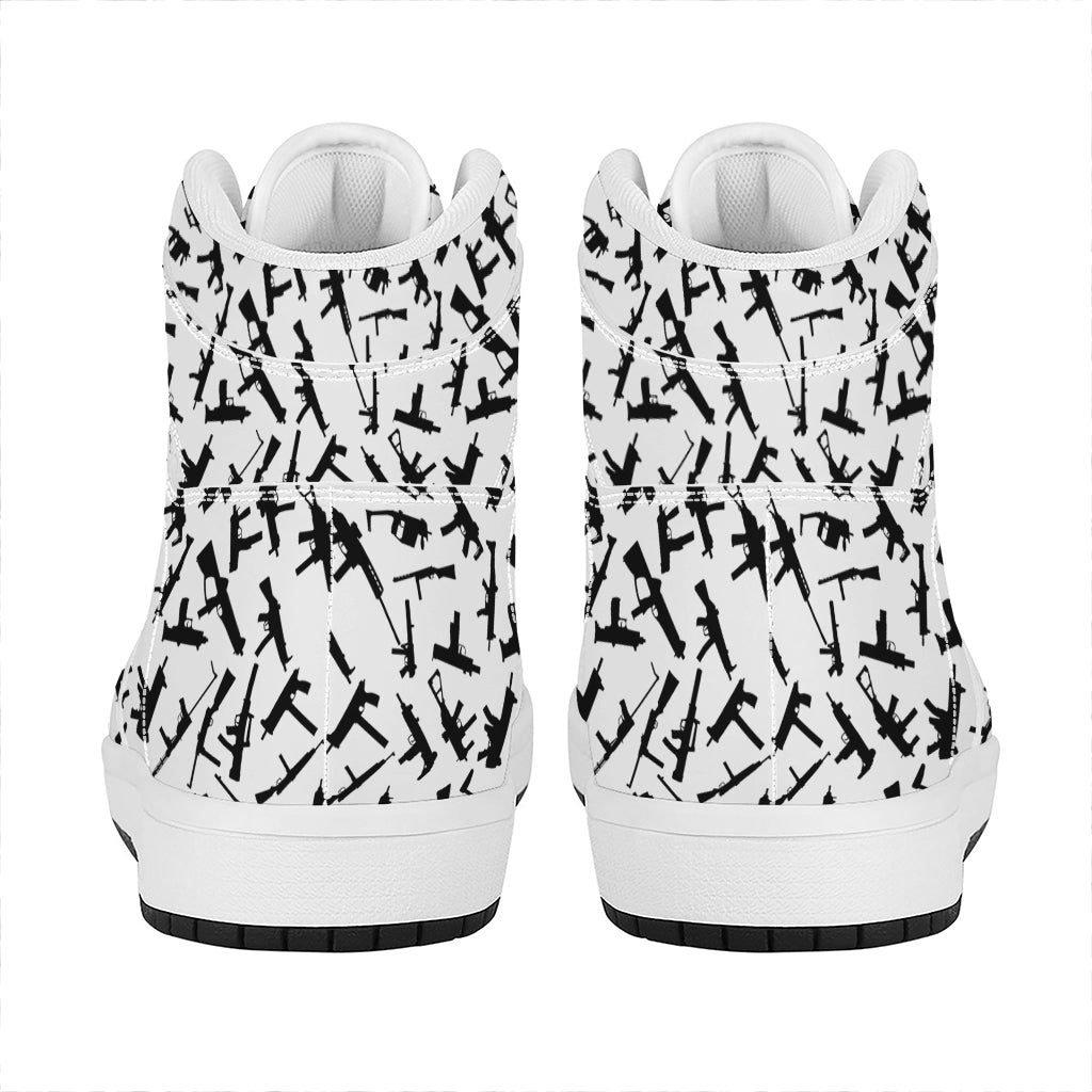 Black And White Guns Pattern Print High Top Leather Sneakers
