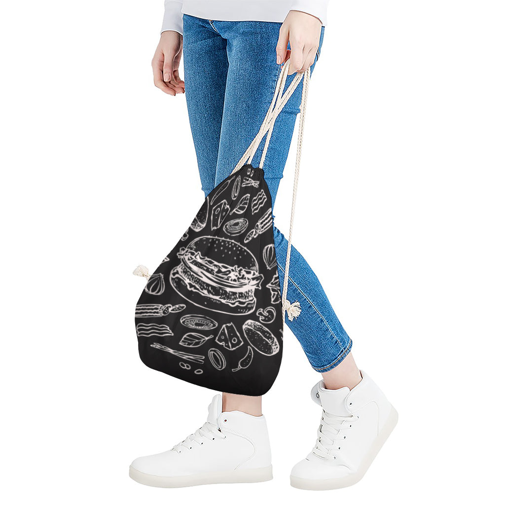Black And White Hamburger Print Drawstring Bag