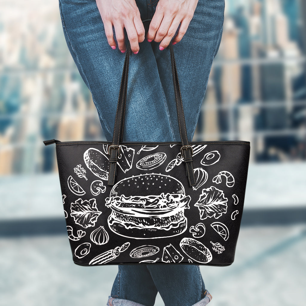 Black And White Hamburger Print Leather Tote Bag