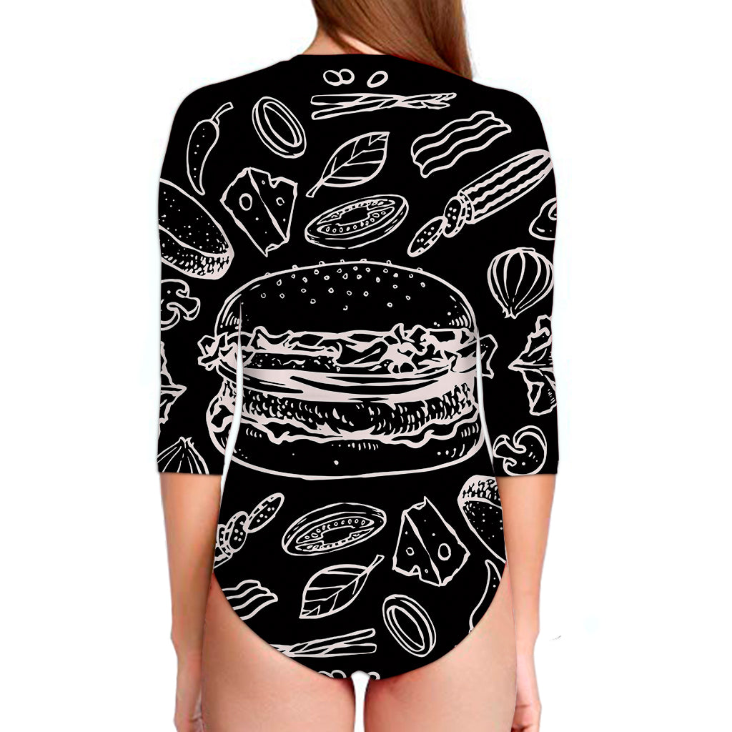 Black And White Hamburger Print Long Sleeve Swimsuit