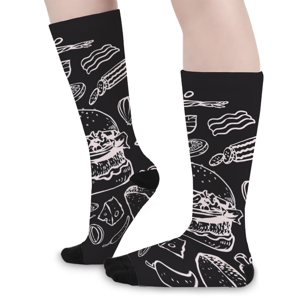 Black And White Hamburger Print Long Socks