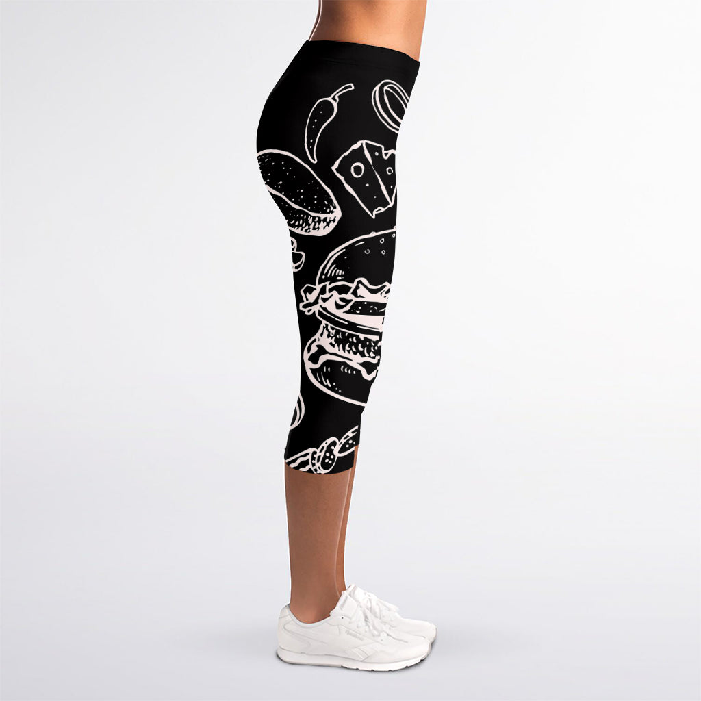 Black And White Hamburger Print Women's Capri Leggings